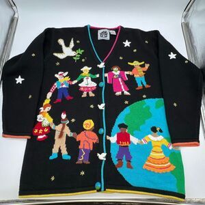 STORYBOOK KNITS Sweater Women's Medium Multicolor Cardigan Peace Love Diversity